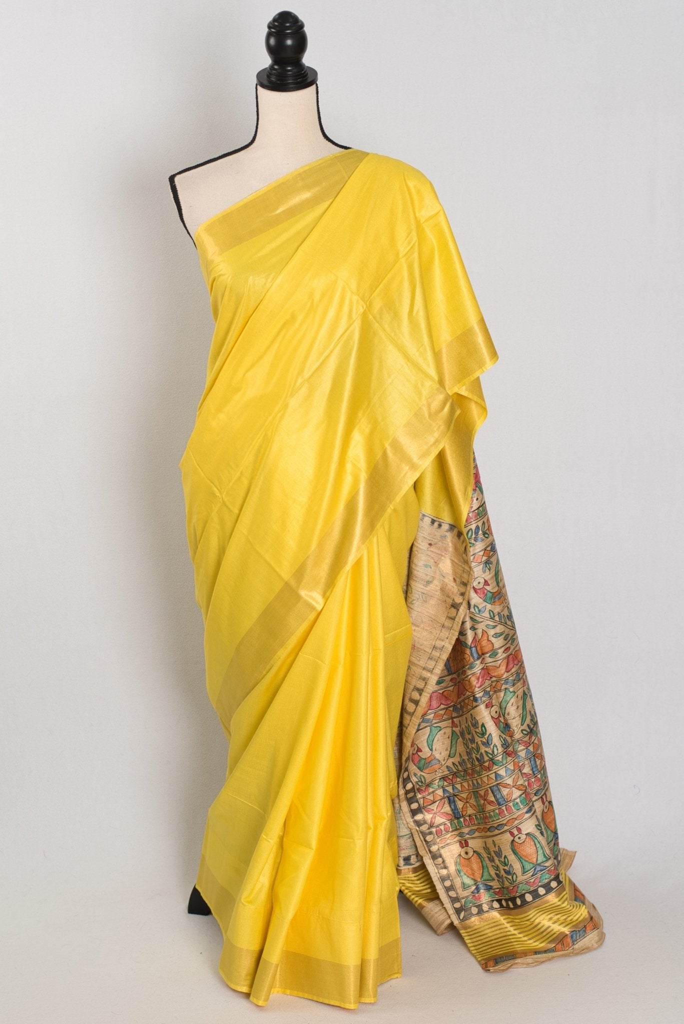 Ragini :Bright Yellow Staple Tussar Saree | Hand-Painted Madhubani Pallu