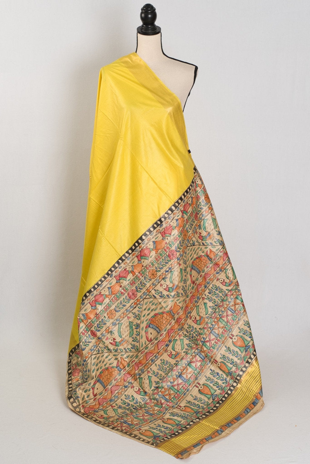 Ragini :Bright Yellow Staple Tussar Saree | Hand-Painted Madhubani Pallu