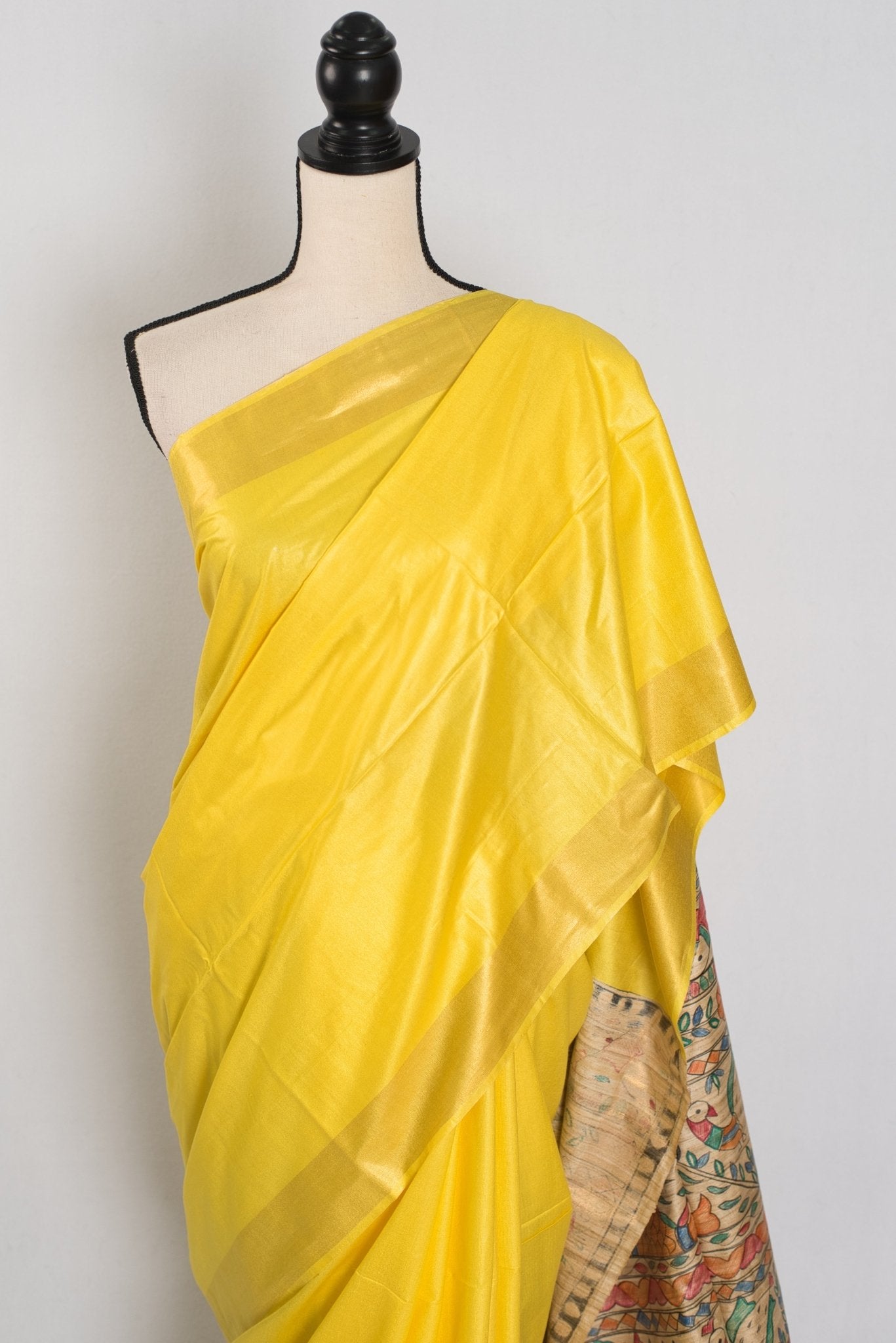 Ragini :Bright Yellow Staple Tussar Saree | Hand-Painted Madhubani Pallu