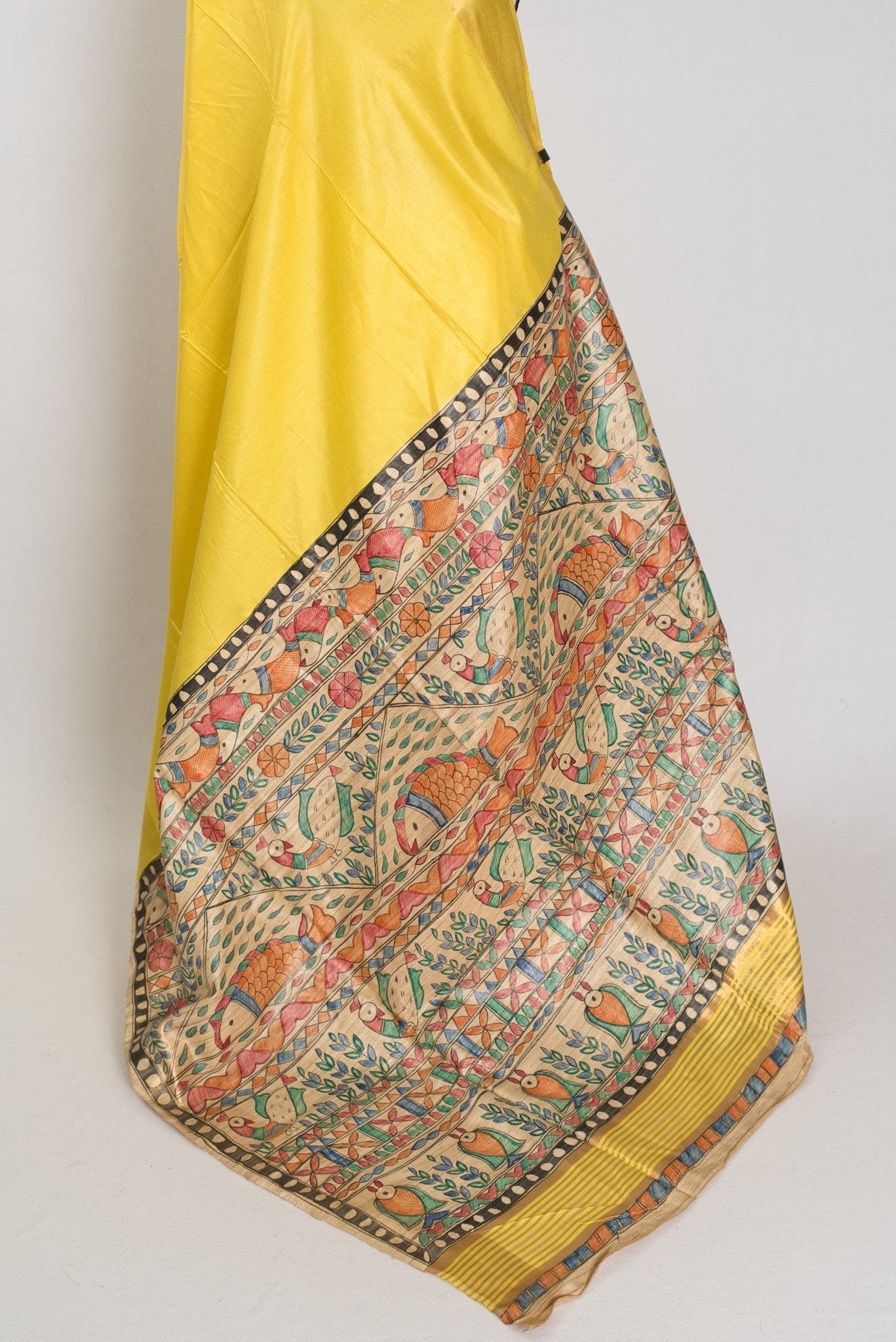 Ragini :Bright Yellow Staple Tussar Saree | Hand-Painted Madhubani Pallu