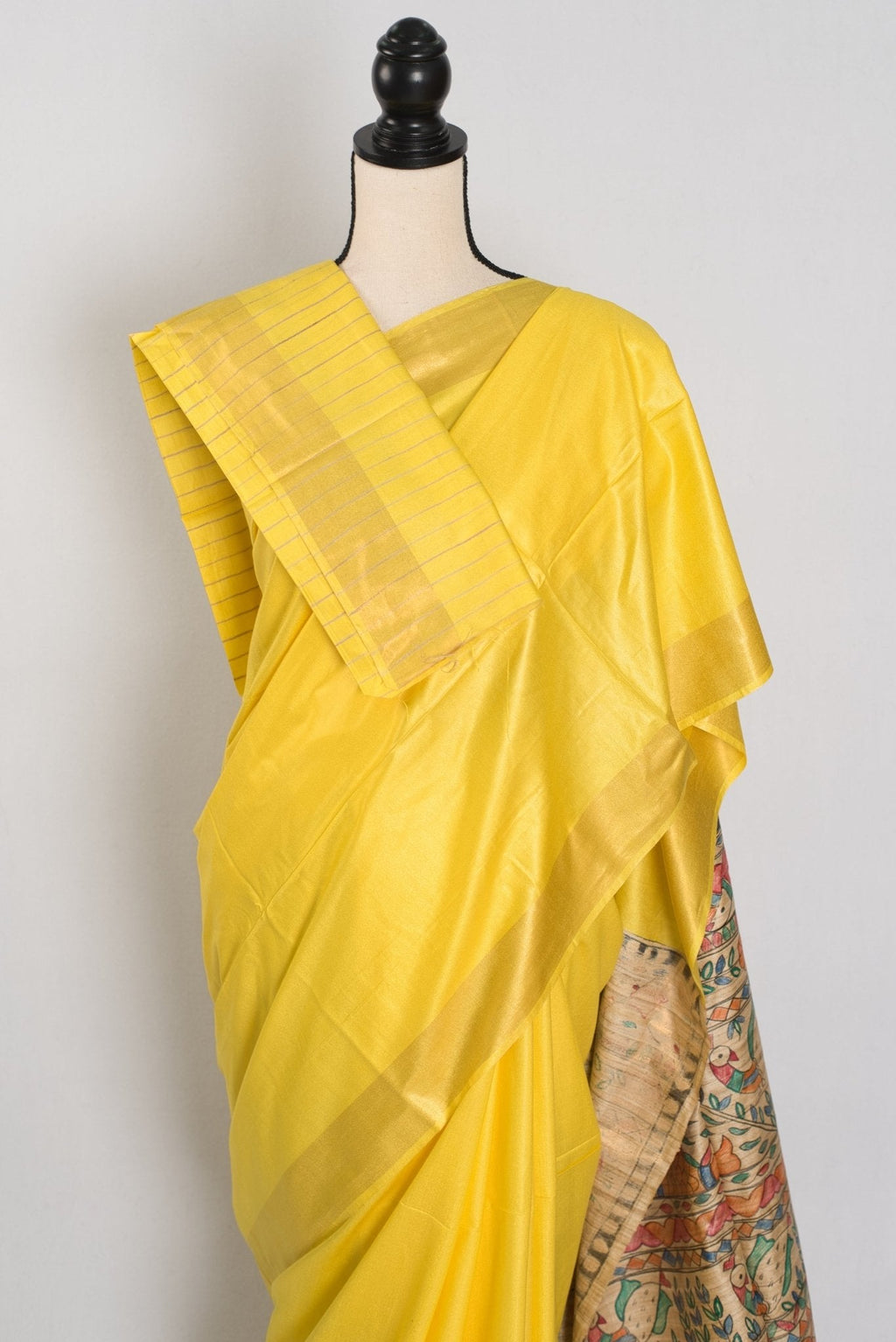 Ragini :Bright Yellow Staple Tussar Saree | Hand-Painted Madhubani Pallu