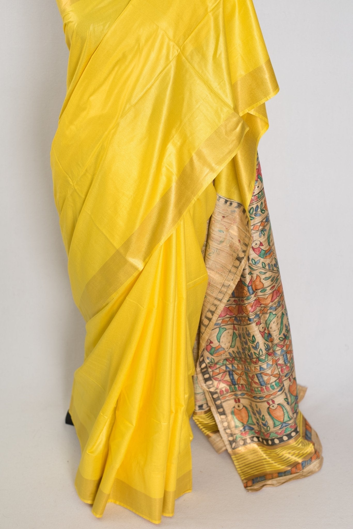 Ragini :Bright Yellow Staple Tussar Saree | Hand-Painted Madhubani Pallu