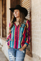 Serape Pearl Snap Embroidered Western Top – Red & Turquoise