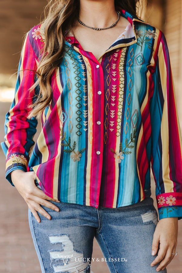 Serape Pearl Snap Embroidered Western Top – Red & Turquoise