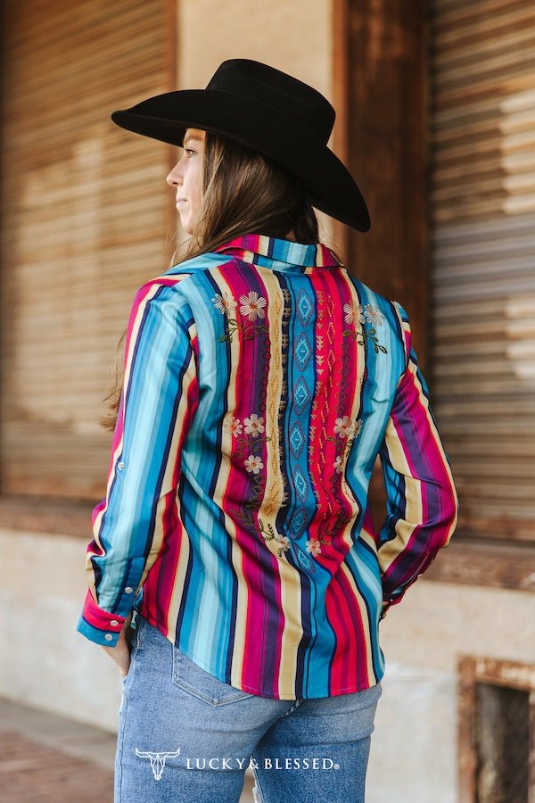 Serape Pearl Snap Embroidered Western Top – Red & Turquoise
