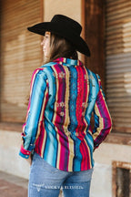 Serape Pearl Snap Embroidered Western Top – Red & Turquoise