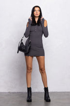 Ribbed Hoodie Mini Dress | Cut-Out Details & Thumb Hole Long Sleeve Streetwear