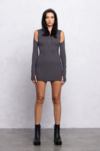 Ribbed Hoodie Mini Dress | Cut-Out Details & Thumb Hole Long Sleeve Streetwear