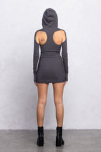 Ribbed Hoodie Mini Dress | Cut-Out Details & Thumb Hole Long Sleeve Streetwear