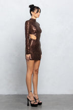 Roe Back Cut-Out Sequin Mini Dress | Mock Neck Sparkly Party Outfit
