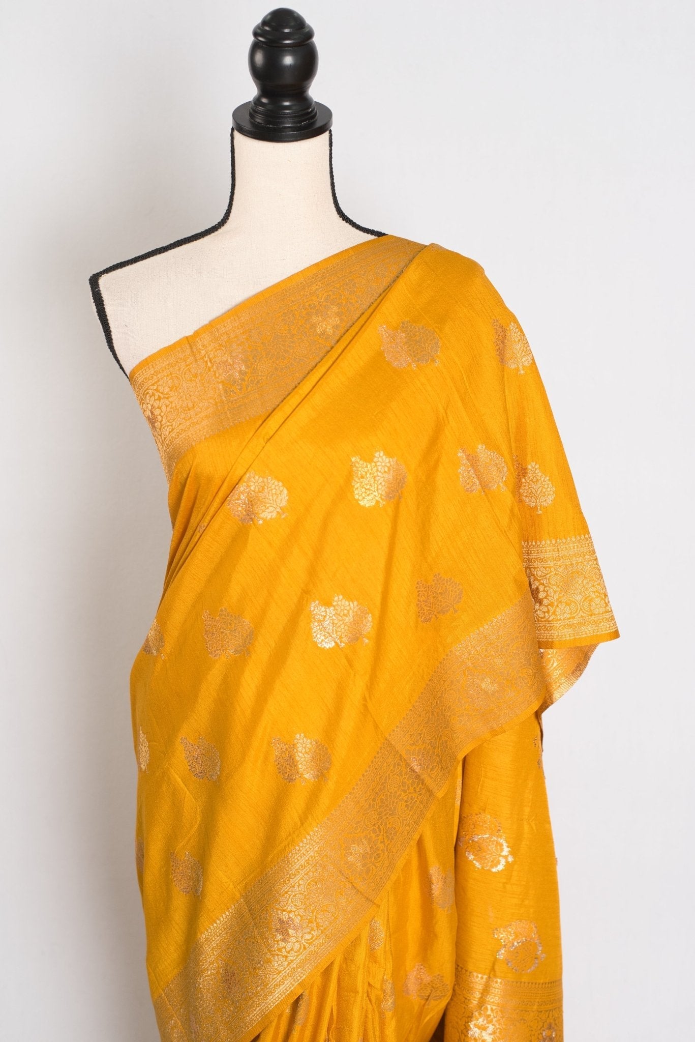 Roshni: Yellow & Gold Semi Tussar Banarasi Silk Saree | Budget-Friendly