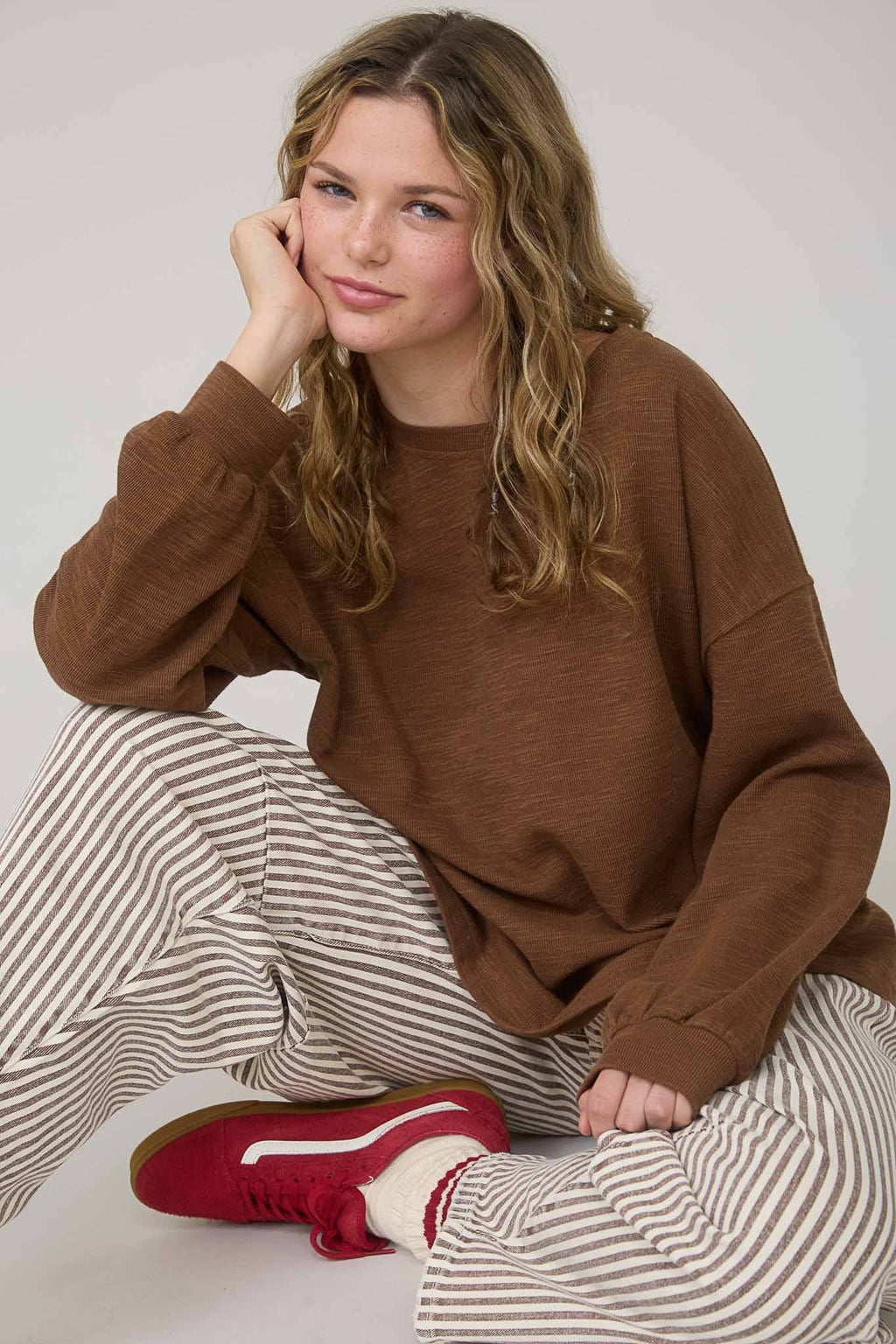 Round Up Raw Edge Marled Knit Top - Brown or Oatmeal