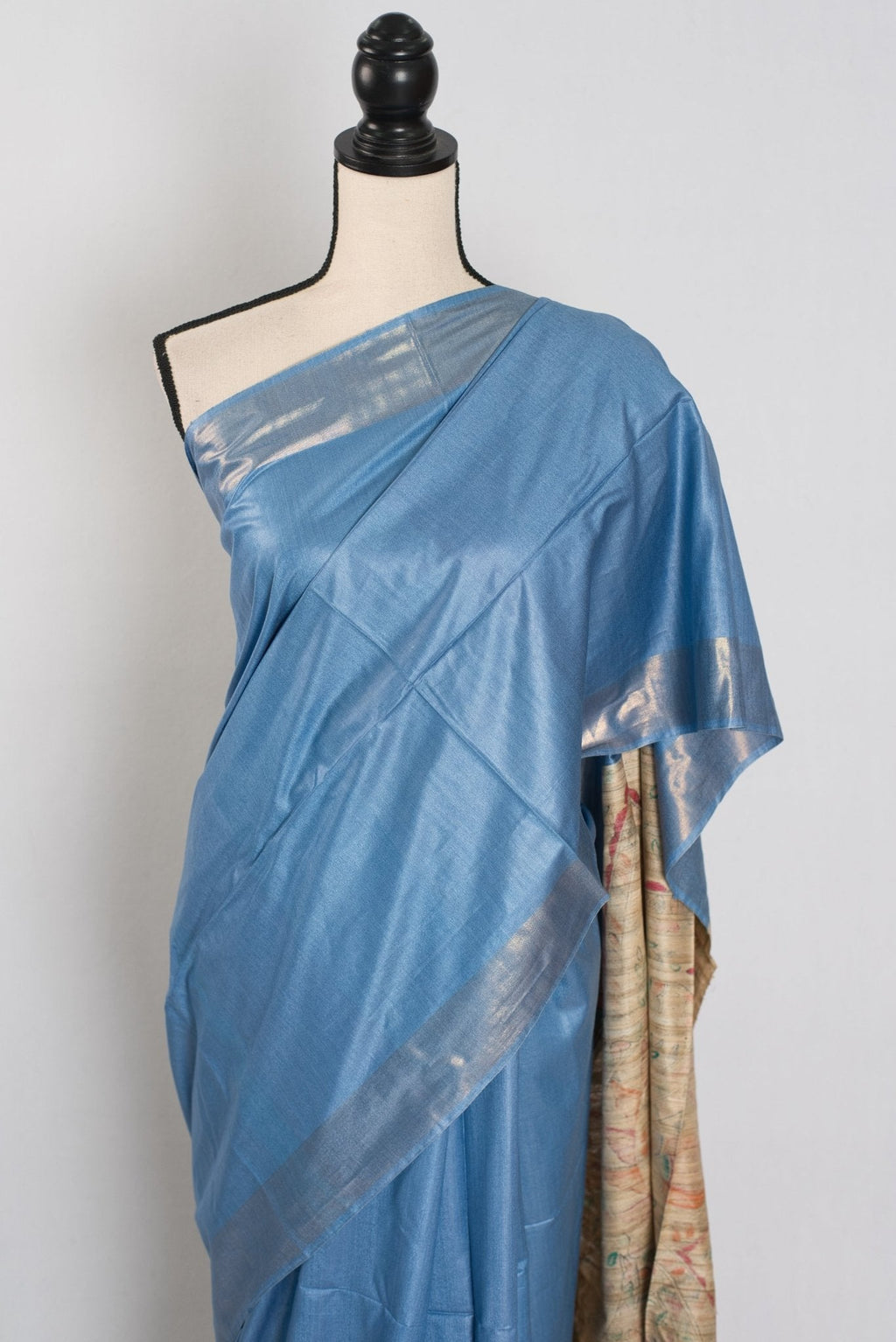 Shobha: Contemporary Blue StapleTussar Silk Saree | Hand-Painted Madhubani Pallu