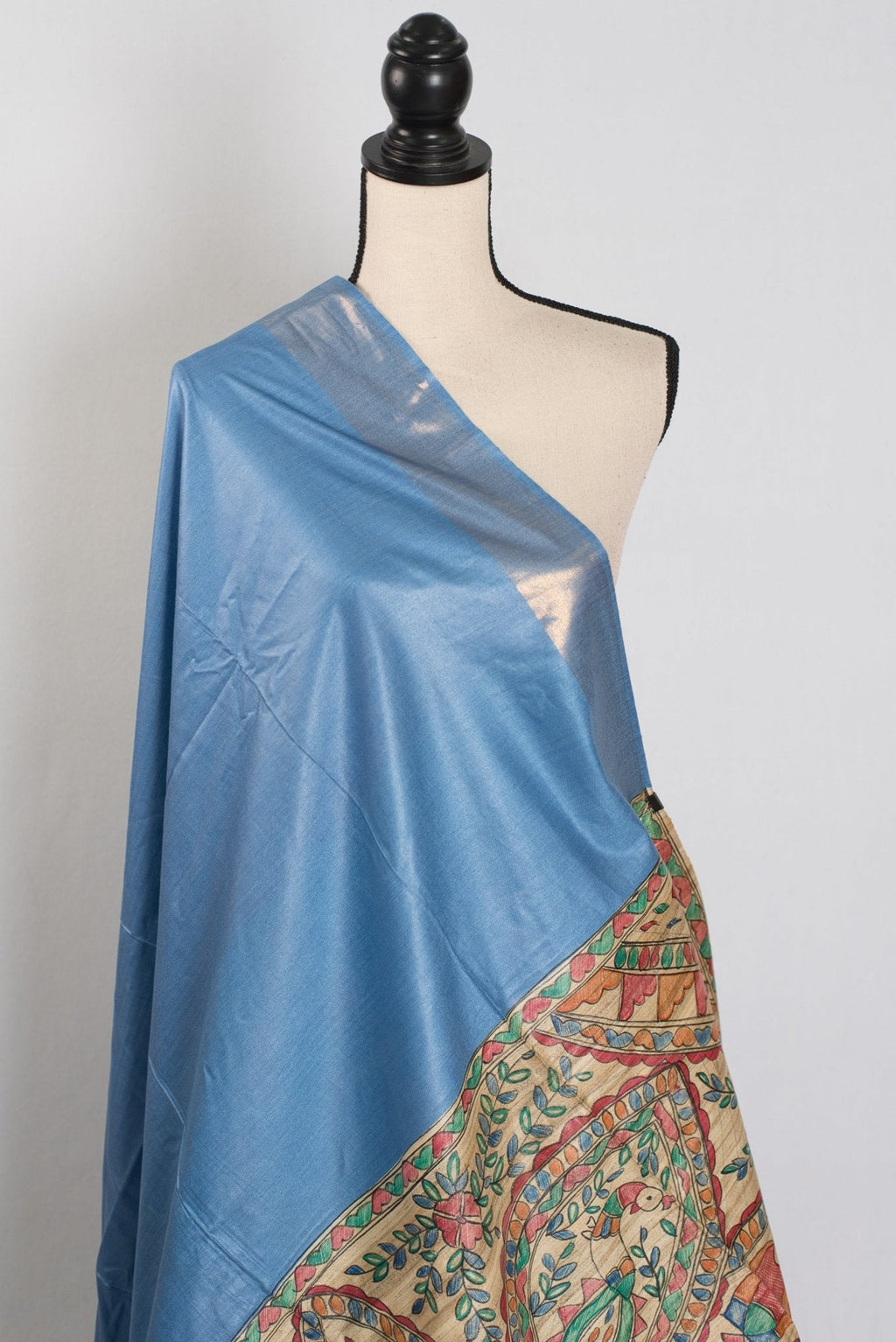 Shobha: Contemporary Blue StapleTussar Silk Saree | Hand-Painted Madhubani Pallu