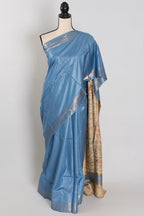 Shobha: Contemporary Blue StapleTussar Silk Saree | Hand-Painted Madhubani Pallu