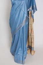 Shobha: Contemporary Blue StapleTussar Silk Saree | Hand-Painted Madhubani Pallu