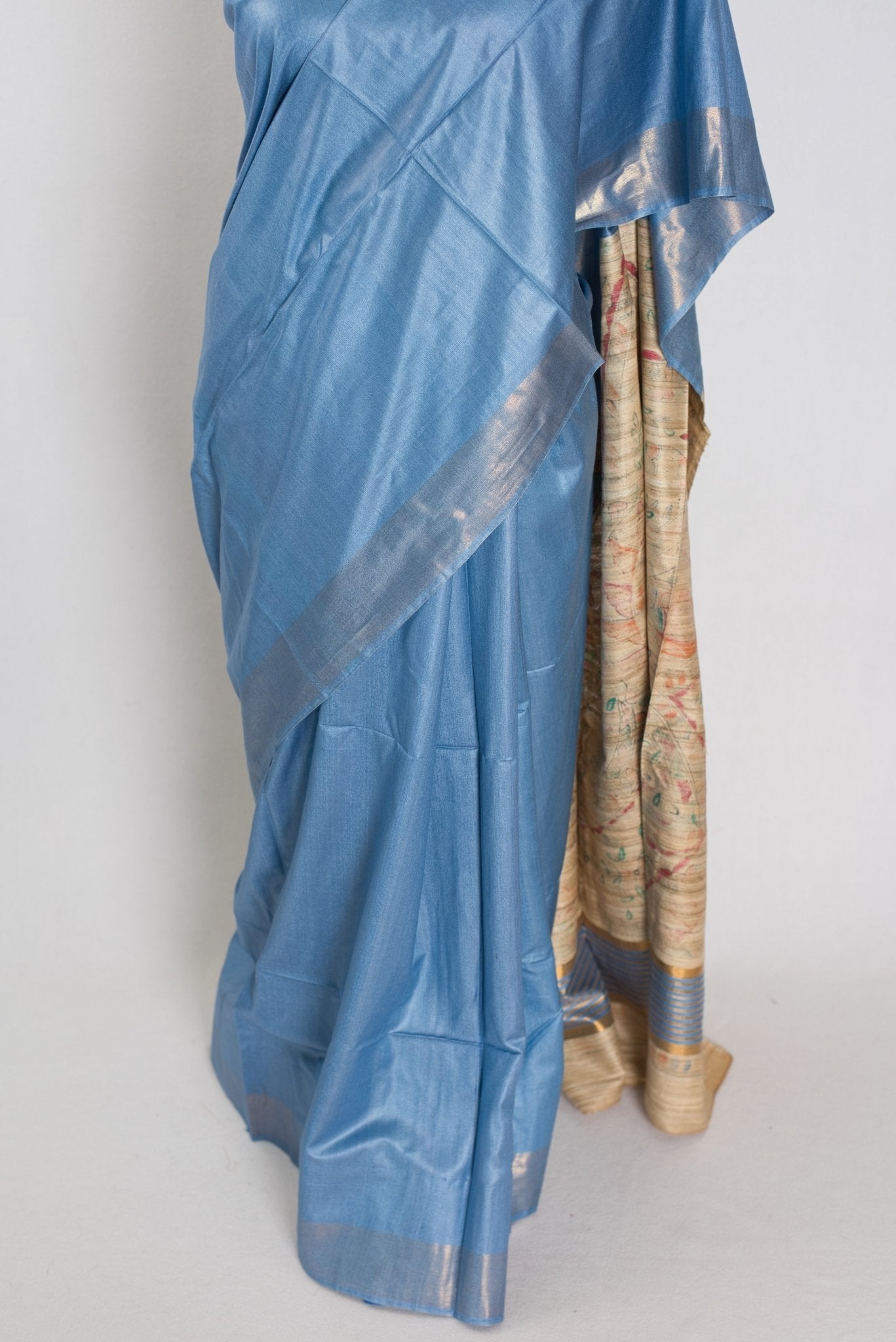 Shobha: Contemporary Blue StapleTussar Silk Saree | Hand-Painted Madhubani Pallu