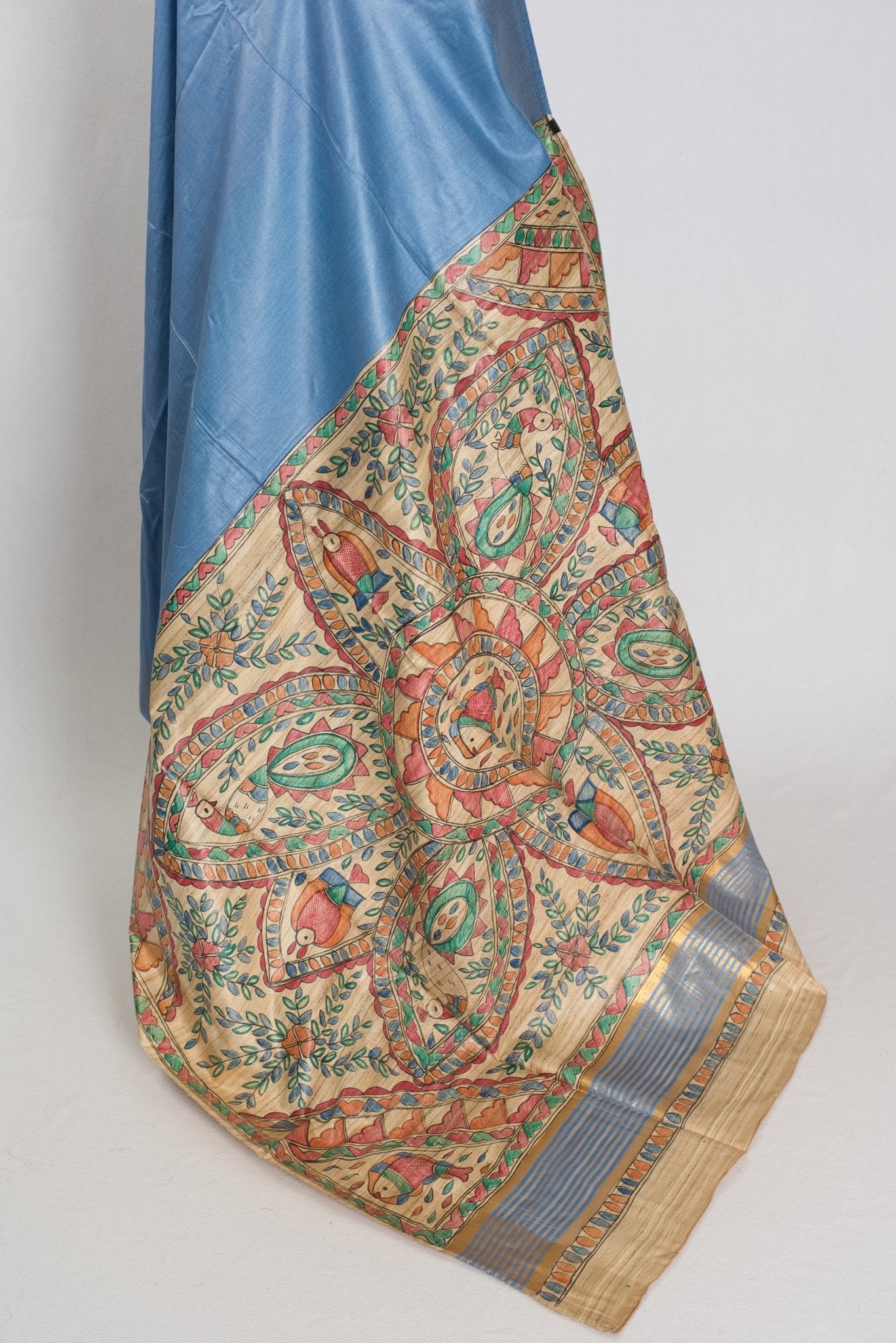 Shobha: Contemporary Blue StapleTussar Silk Saree | Hand-Painted Madhubani Pallu