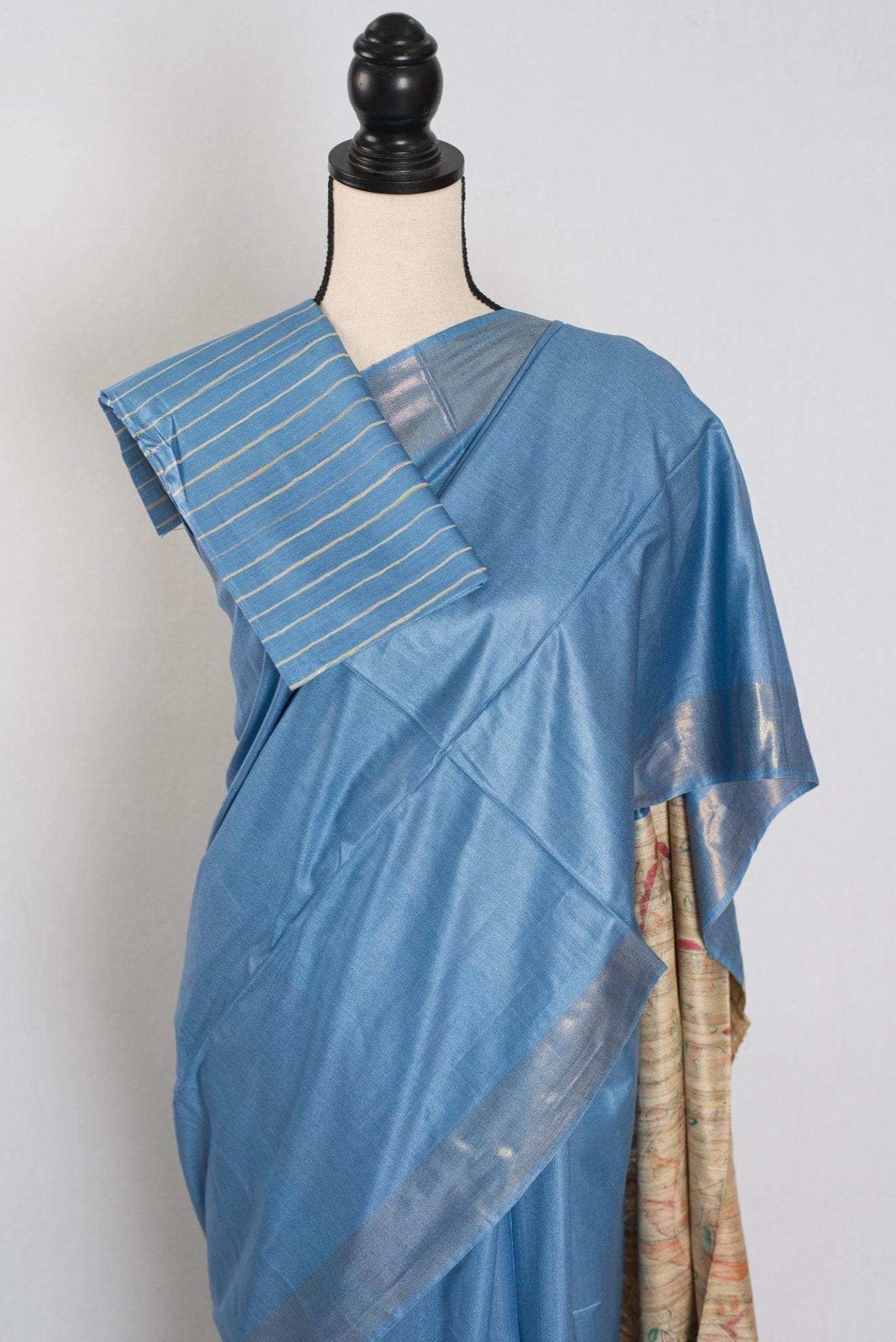 Shobha: Contemporary Blue StapleTussar Silk Saree | Hand-Painted Madhubani Pallu