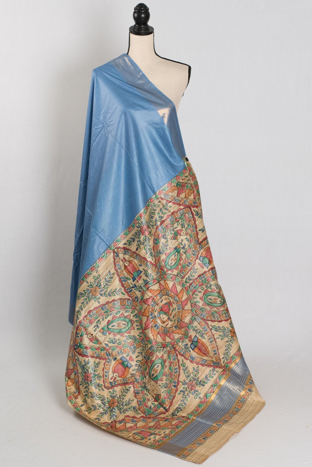 Shobha: Contemporary Blue StapleTussar Silk Saree | Hand-Painted Madhubani Pallu