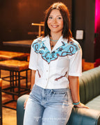 Silver Screen Button Down Short Sleeve Top - small available