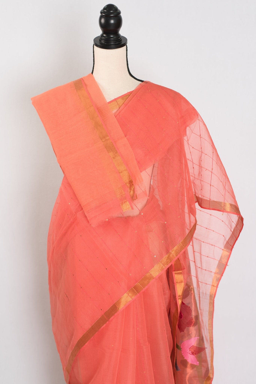 Soma: Orange & Gold Muslin Cotton Jamdani Saree | Sequin Weaving