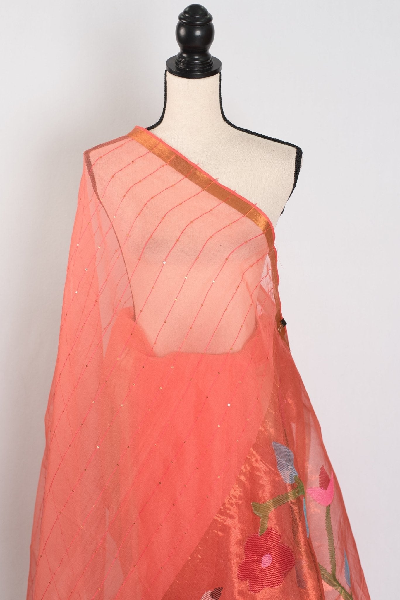 Soma: Orange & Gold Muslin Cotton Jamdani Saree | Sequin Weaving