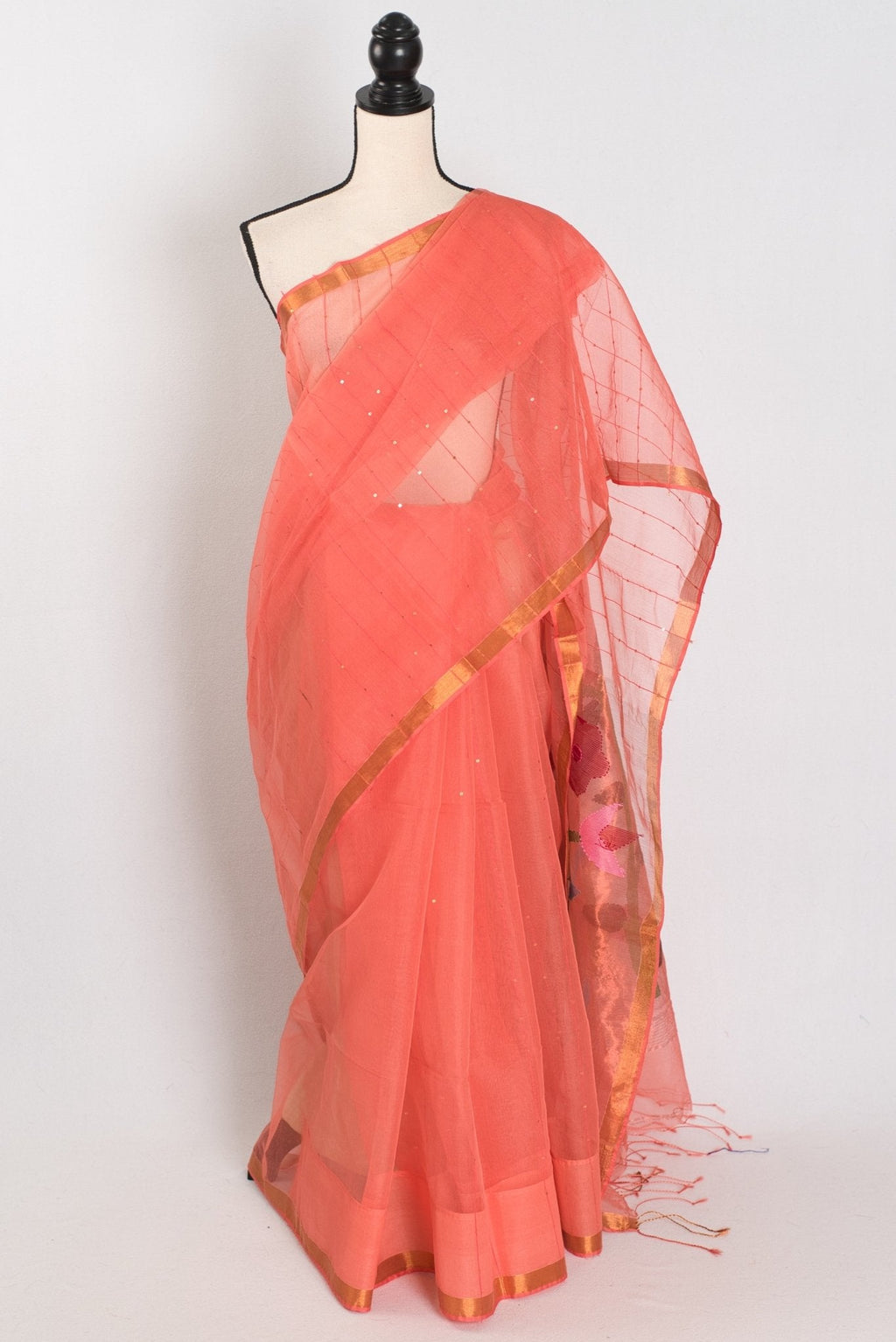 Soma: Orange & Gold Muslin Cotton Jamdani Saree | Sequin Weaving