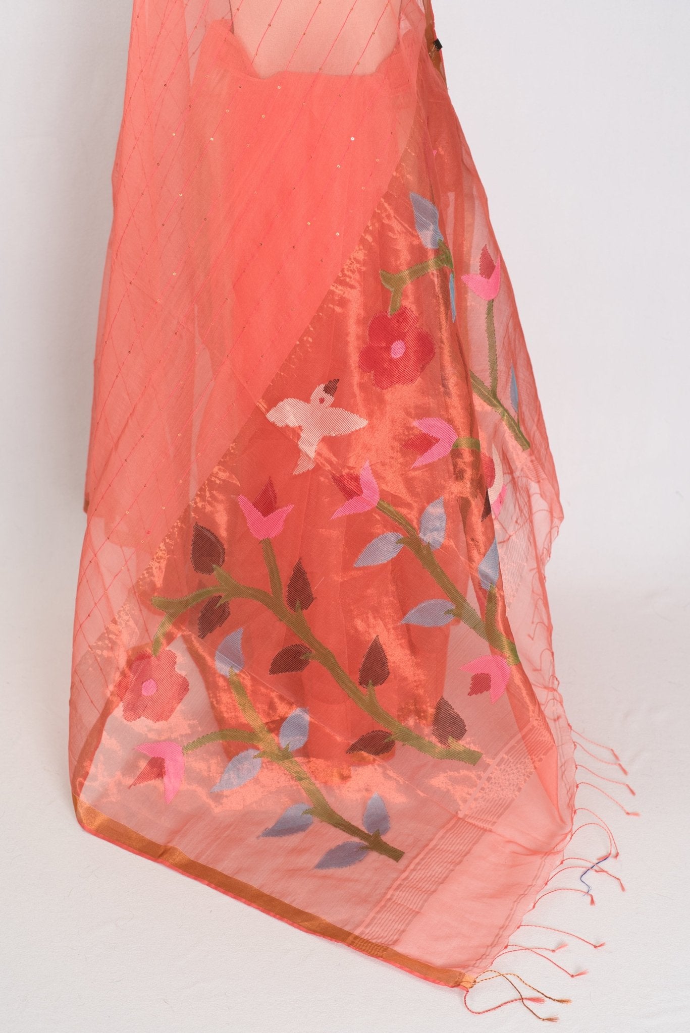 Soma: Orange & Gold Muslin Cotton Jamdani Saree | Sequin Weaving