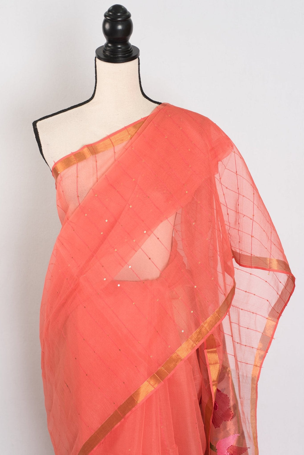 Soma: Orange & Gold Muslin Cotton Jamdani Saree | Sequin Weaving