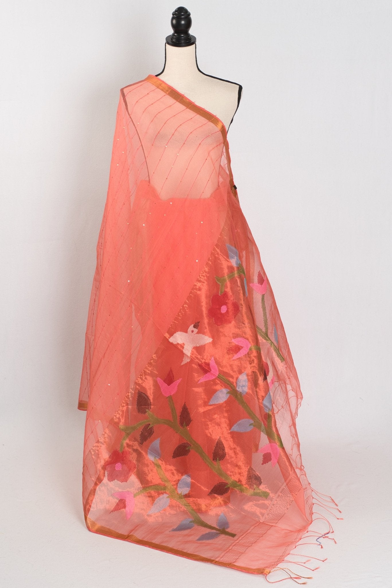 Soma: Orange & Gold Muslin Cotton Jamdani Saree | Sequin Weaving
