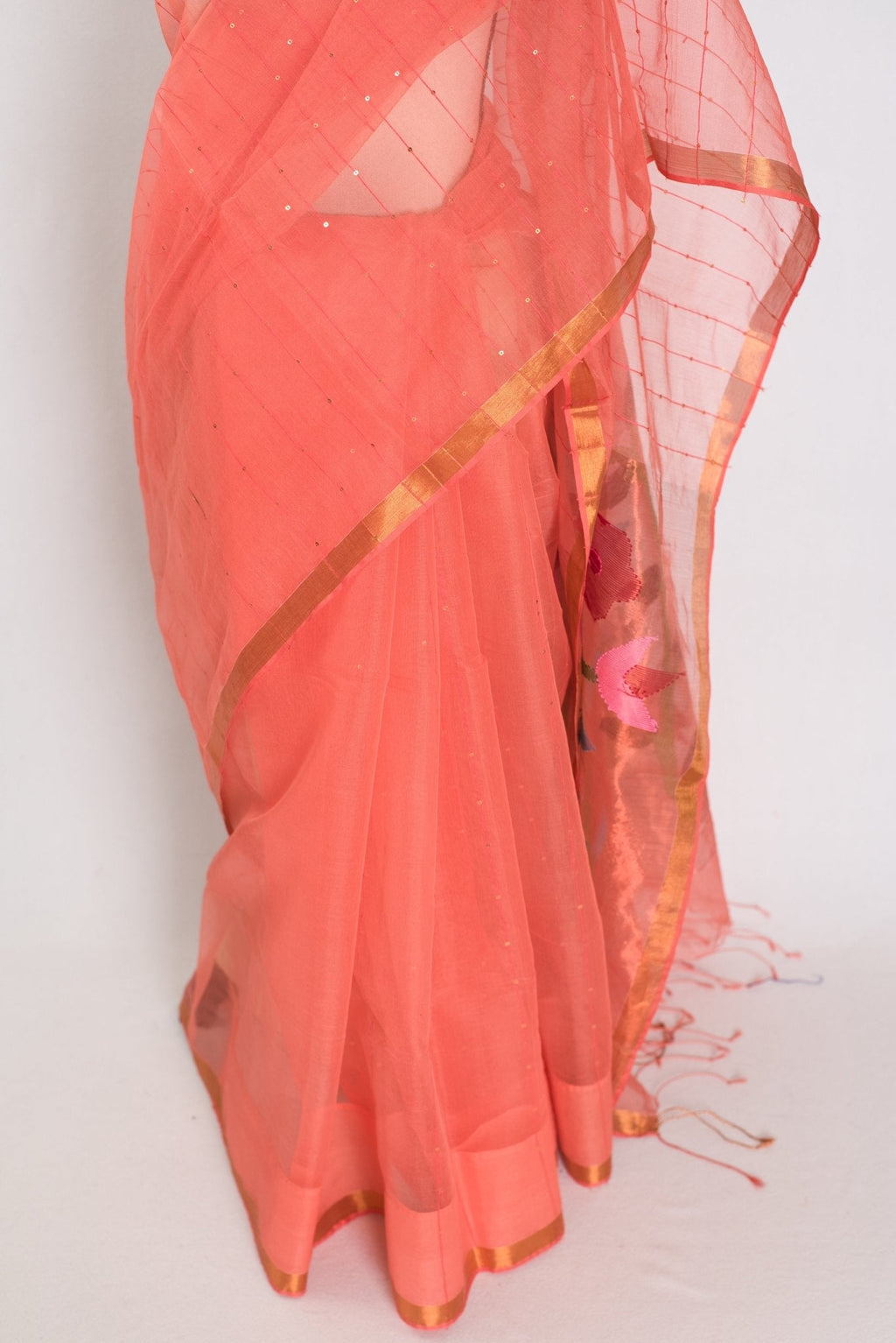 Soma: Orange & Gold Muslin Cotton Jamdani Saree | Sequin Weaving