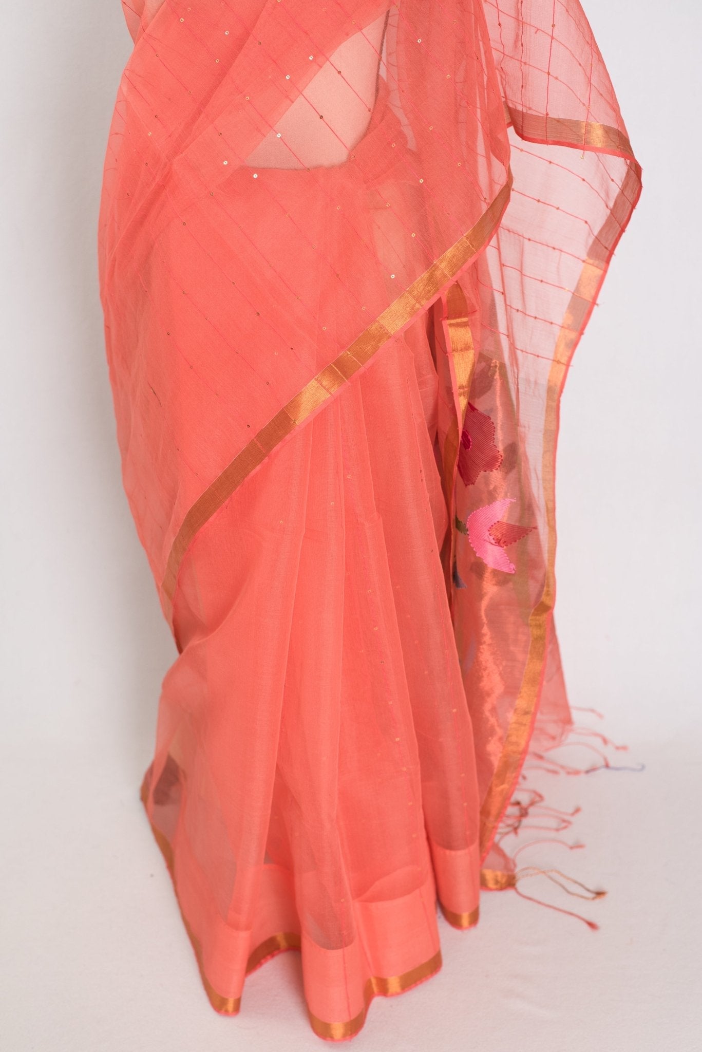Soma: Orange & Gold Muslin Cotton Jamdani Saree | Sequin Weaving