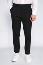 Black Double-Pleated High-Waisted Slim Fit Trousers with Side Buckles – Wessi