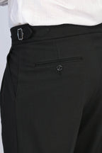 Black Double-Pleated High-Waisted Slim Fit Trousers with Side Buckles – Wessi