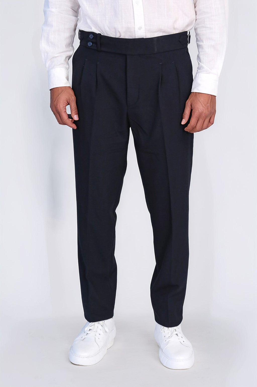 Navy Double-Pleated High-Waisted Slim Fit Trousers with Side Buckles – Wessi