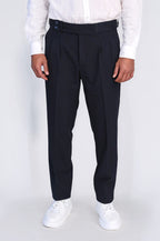 Navy Double-Pleated High-Waisted Slim Fit Trousers with Side Buckles – Wessi