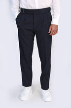 Navy Double-Pleated High-Waisted Slim Fit Trousers with Side Buckles – Wessi