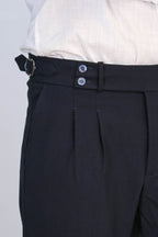 Navy Double-Pleated High-Waisted Slim Fit Trousers with Side Buckles – Wessi