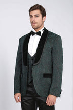 Baroque Patterned Velvet Shawl Collar Vested Green Tuxedo - Wessi