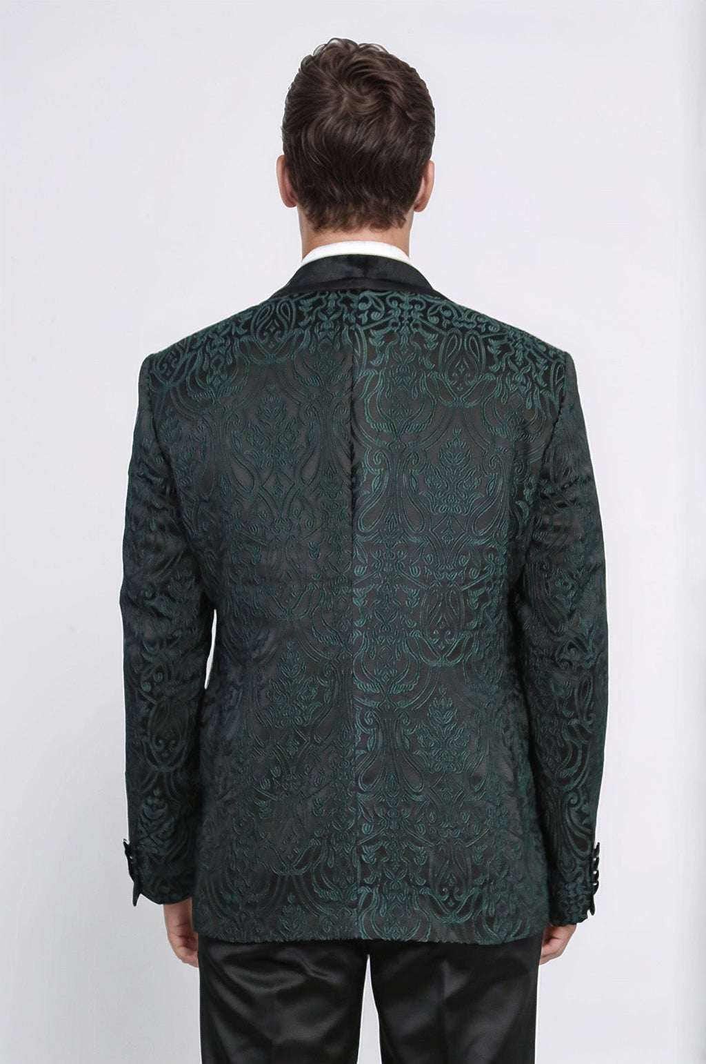 Baroque Patterned Velvet Shawl Collar Vested Green Tuxedo - Wessi