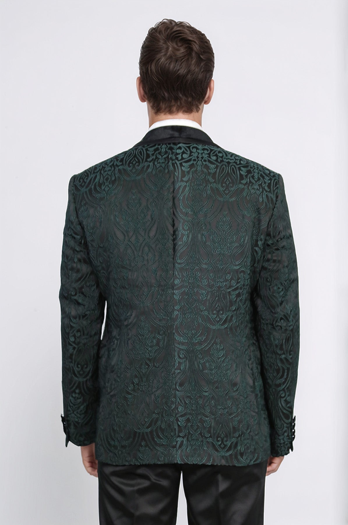Baroque Patterned Velvet Shawl Collar Vested Green Tuxedo - Wessi