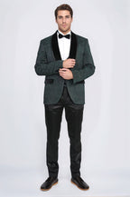 Baroque Patterned Velvet Shawl Collar Vested Green Tuxedo - Wessi