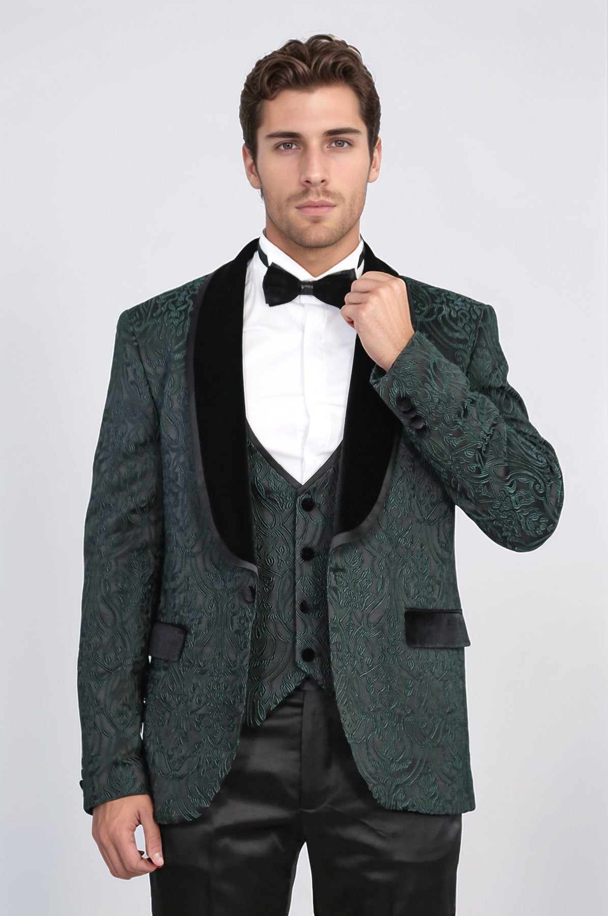 Baroque Patterned Velvet Shawl Collar Vested Green Tuxedo - Wessi