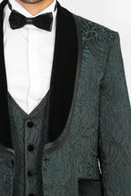 Baroque Patterned Velvet Shawl Collar Vested Green Tuxedo - Wessi