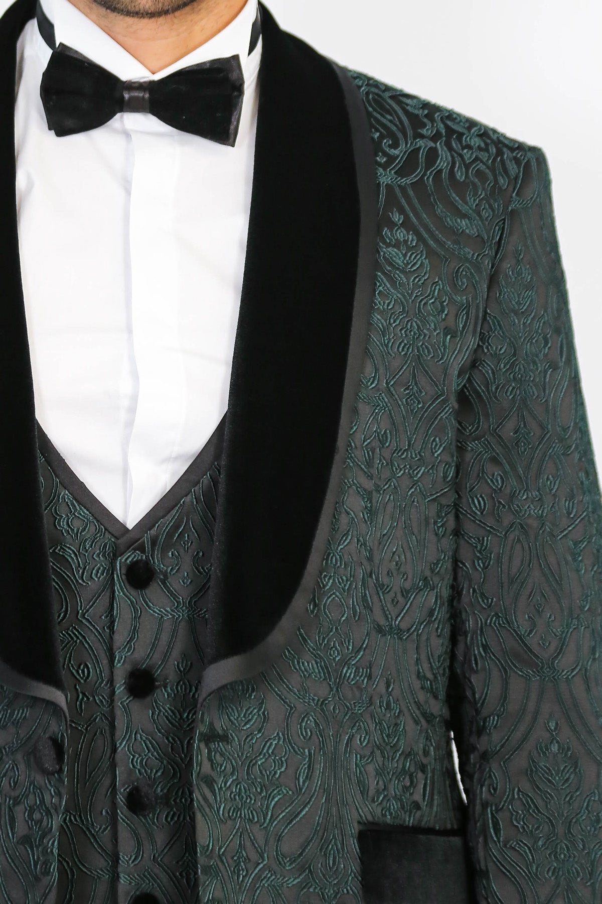 Baroque Patterned Velvet Shawl Collar Vested Green Tuxedo - Wessi