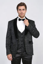 Baroque Patterned Velvet Shawl Collar Vest With Black Tuxedo- Wessi