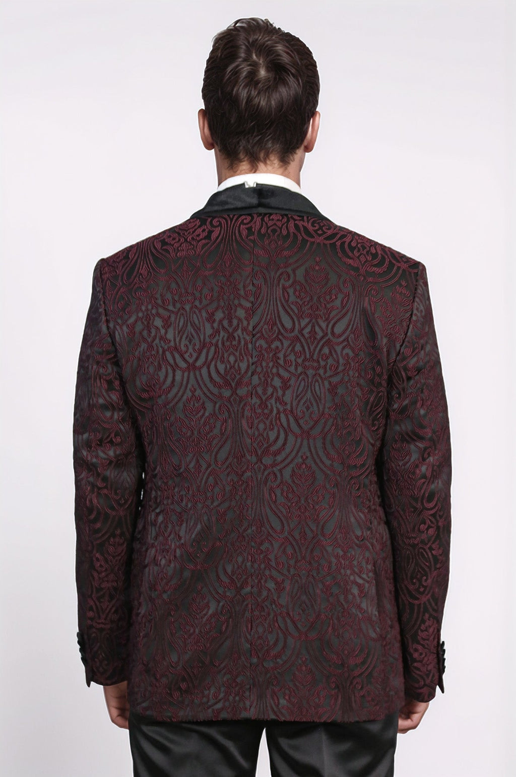 Baroque Patterned Velvet Shawl Collar Vested Burgundy Tuxedo - Wessi