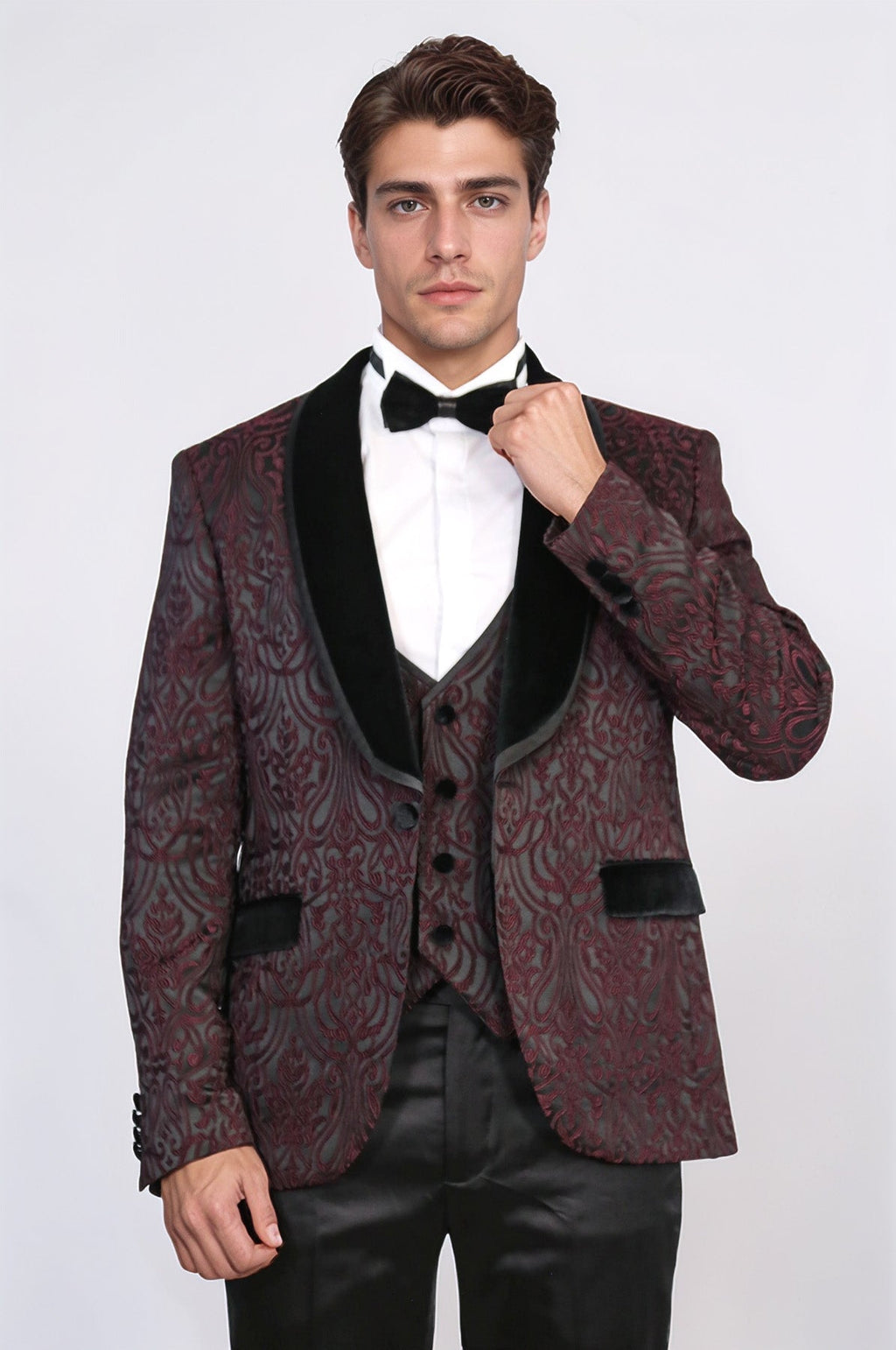 Baroque Patterned Velvet Shawl Collar Vested Burgundy Tuxedo - Wessi