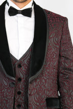 Baroque Patterned Velvet Shawl Collar Vested Burgundy Tuxedo - Wessi